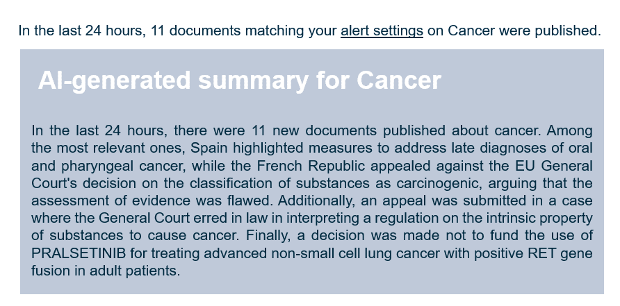 AI-generated executive summary in a Policy-Insider.AI alert