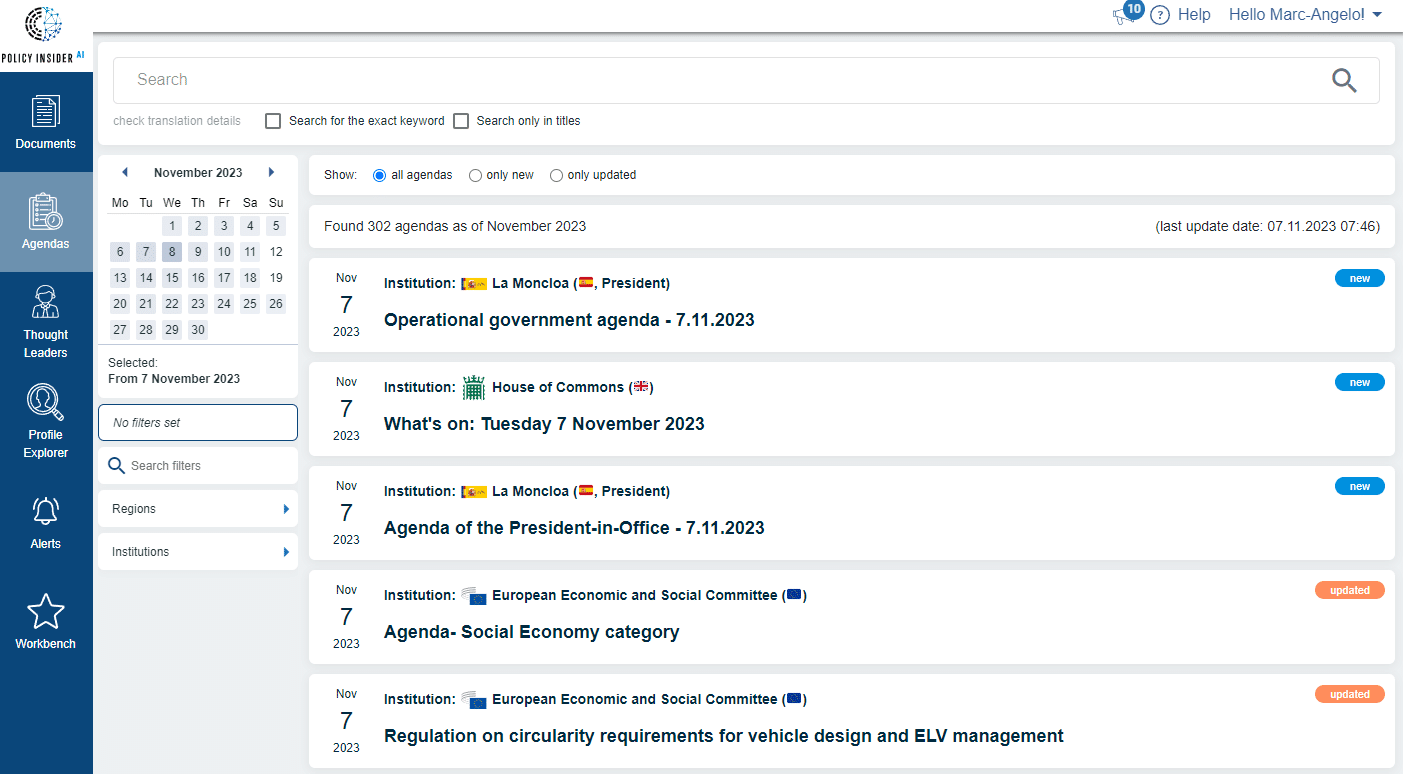 Policy-Insider.AI Agendas dashboard