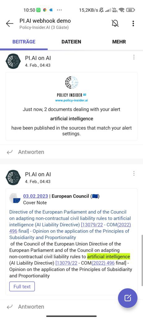 Policy alert delivered to Microsoft Teams on a mobile phone