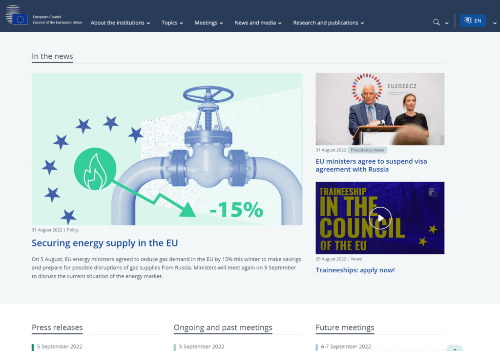 Screenshot of the EU Council website