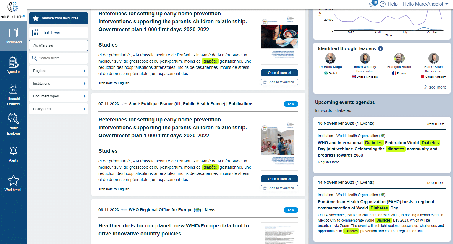 Enhanced Documents dashboard with agenda example on diabetes