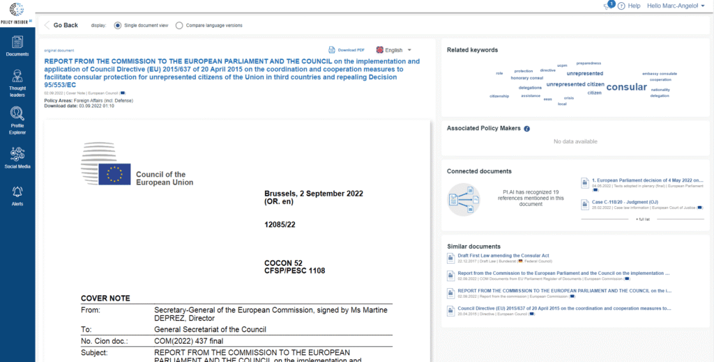 Detailed view of policy documents with AI-powered identification of connected documents