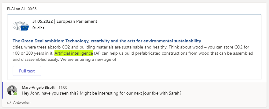Teams notification reporting on public policy documents about Artificial Intelligence from EU institutions